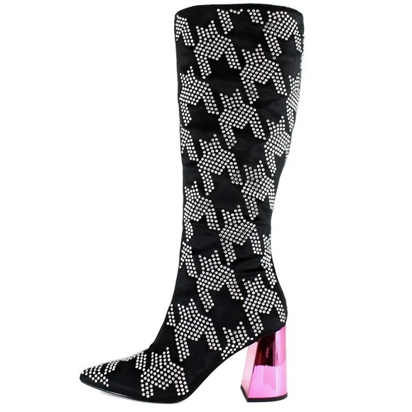Betsey Johnson Naomy Rhinestone Houndstooth pink block heelTall Boots 6 NWOT - Picture 3 of 16